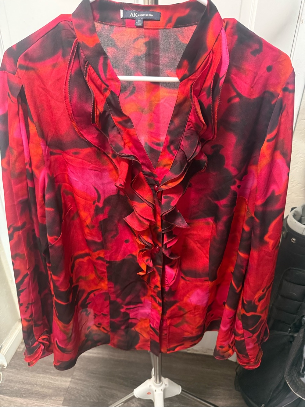 Anne Klein Red and Pink Ruffle-Front Blouse